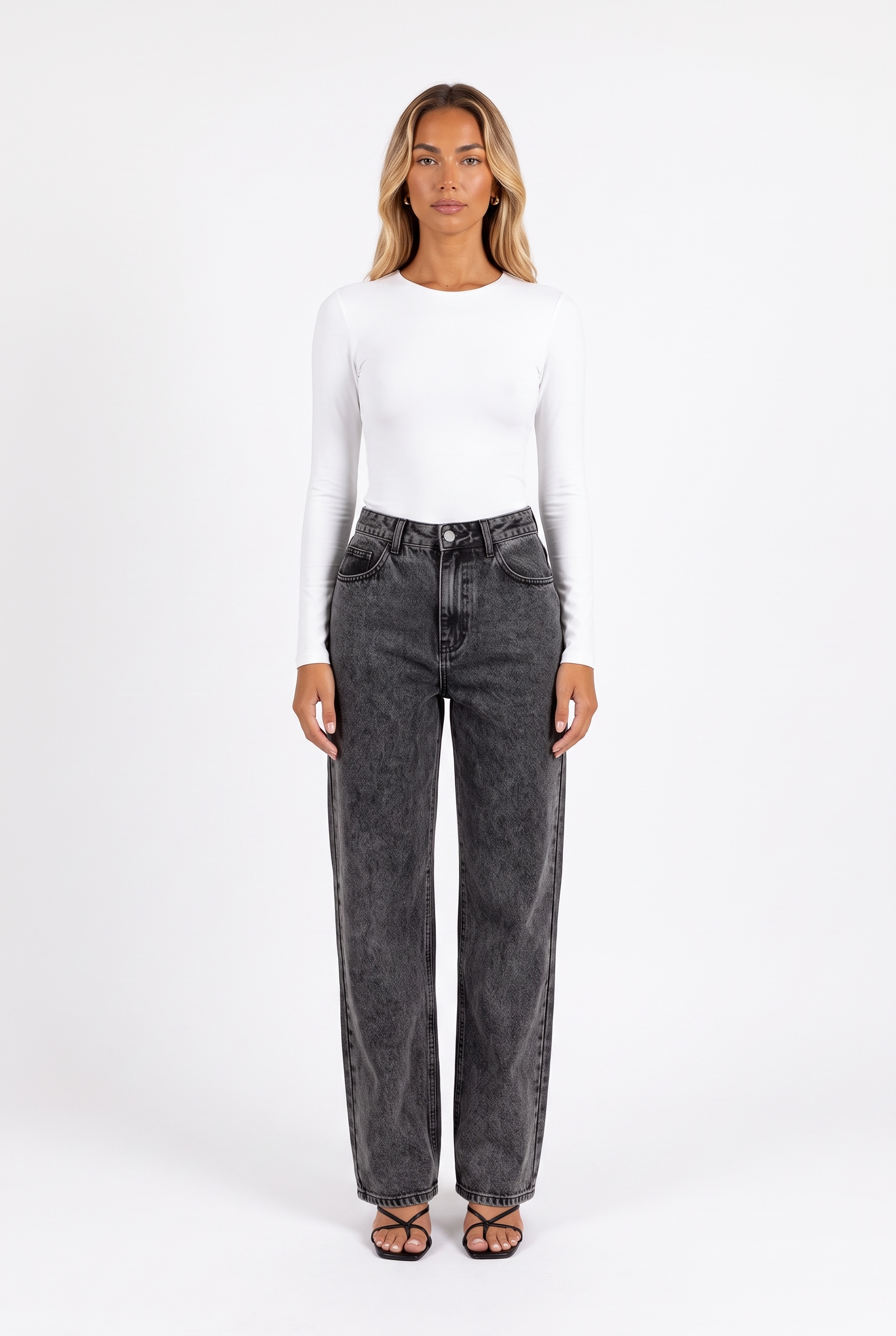 Charcoal acid-wash high-waist wide-leg jeans — front