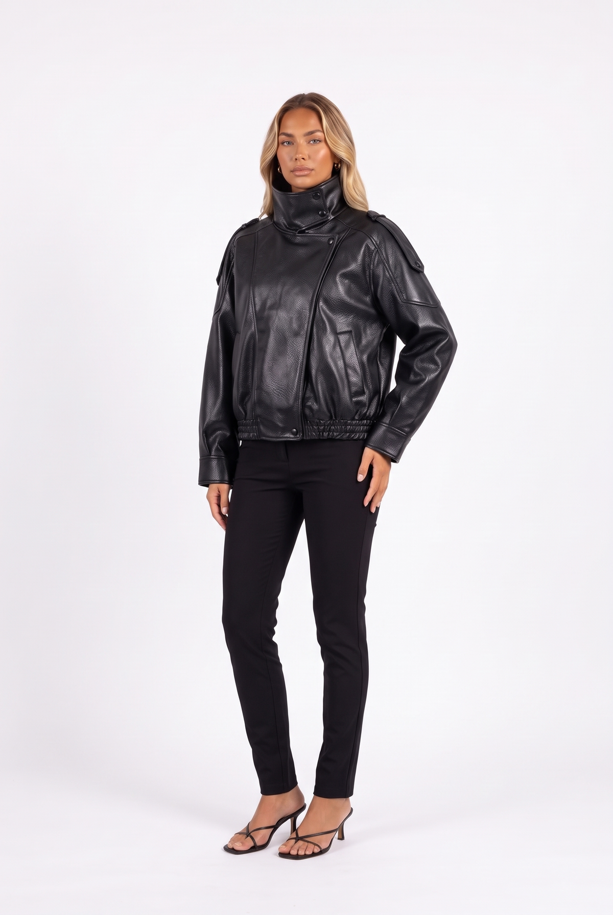 Black faux-leather cropped bomber with funnel collar — three-quarter