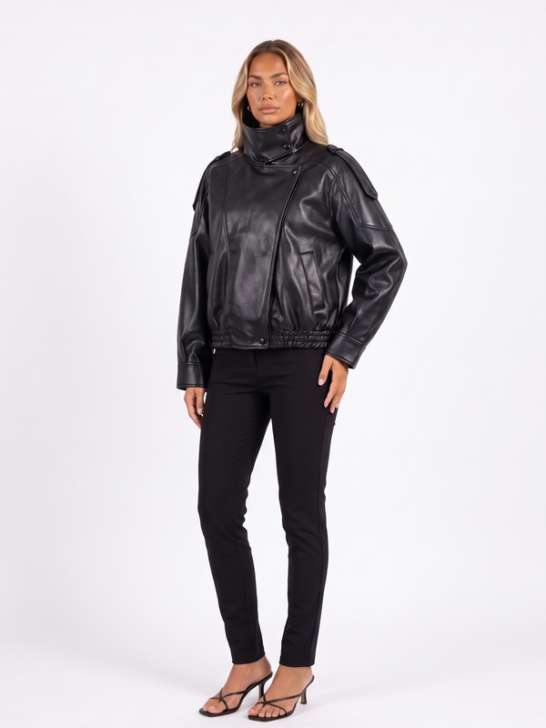Cropped Faux Leather Bomber with Funnel Collar