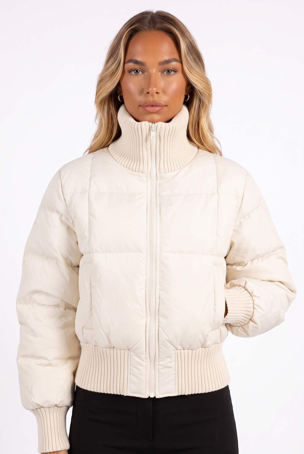 Ivory cropped puffer jacket with ribbed funnel collar — ribbed collar, zip and cuff detail