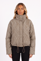 Brown gingham padded funnel-neck cropped jacket — collar, zip and drawstring detail