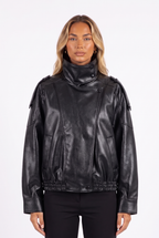 Black faux-leather cropped bomber with funnel collar — collar, placket and epaulette detail