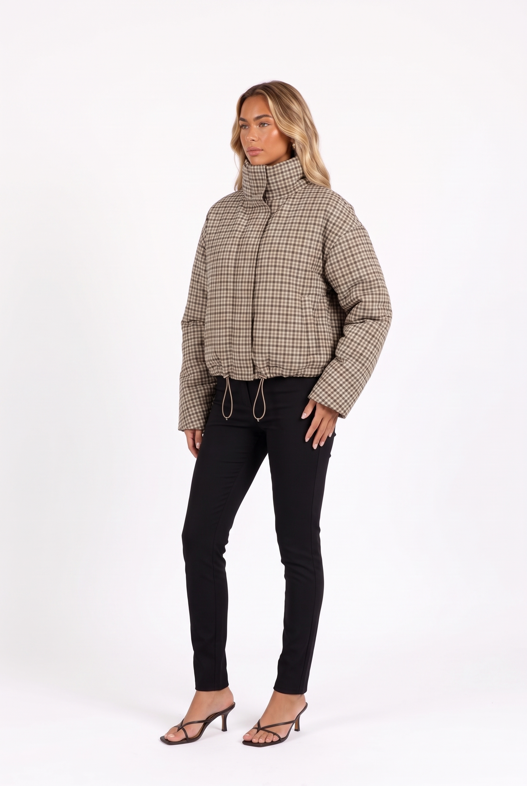 Brown gingham padded funnel-neck cropped jacket — three-quarter