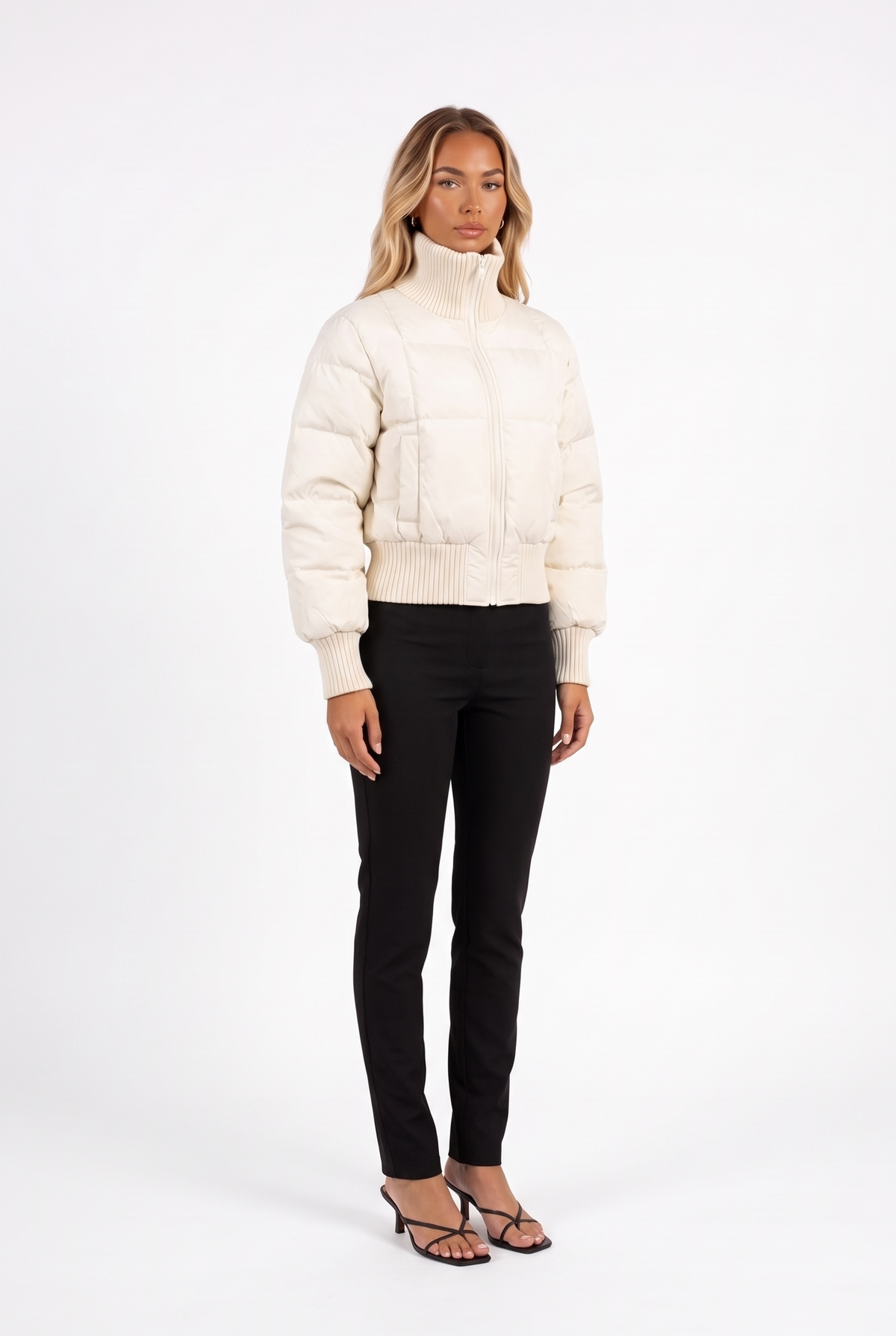 Ivory cropped puffer jacket with ribbed funnel collar — three-quarter