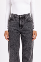 Charcoal acid-wash high-waist wide-leg jeans — waistband, fly and pocket detail