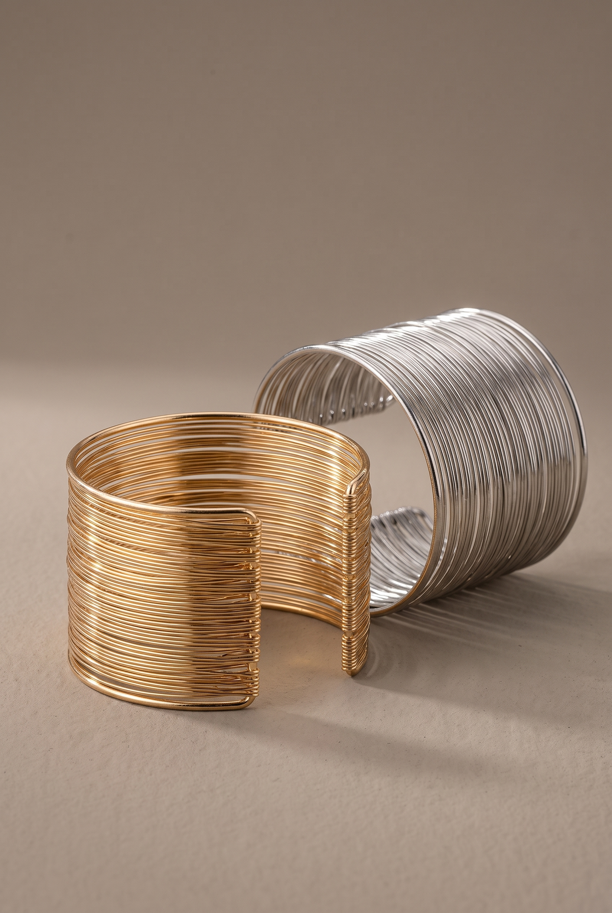 DropIQ wide layered wire cuff bangle in gold and silver