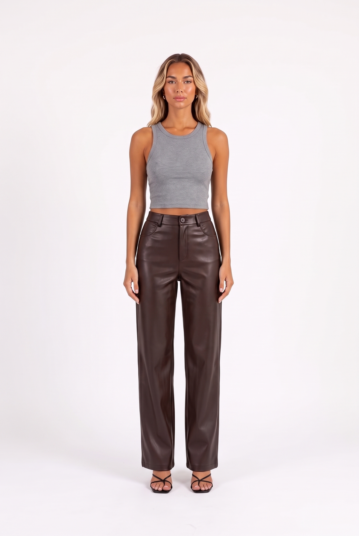 Faux leather high-waist straight-leg pants in Coffee — front