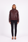 Cropped faux leather bomber with funnel collar in Burgundy — front