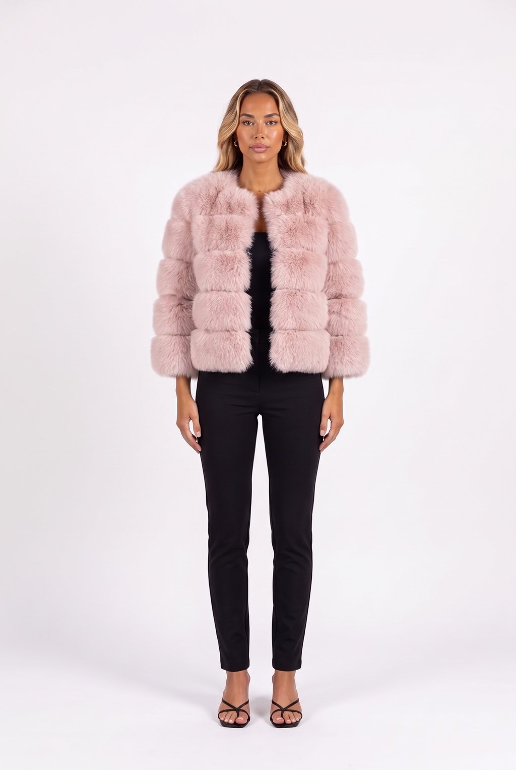 Lotus pink cropped faux fur jacket with three-quarter sleeves — front