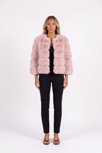 Lotus pink cropped faux fur jacket with three-quarter sleeves — front