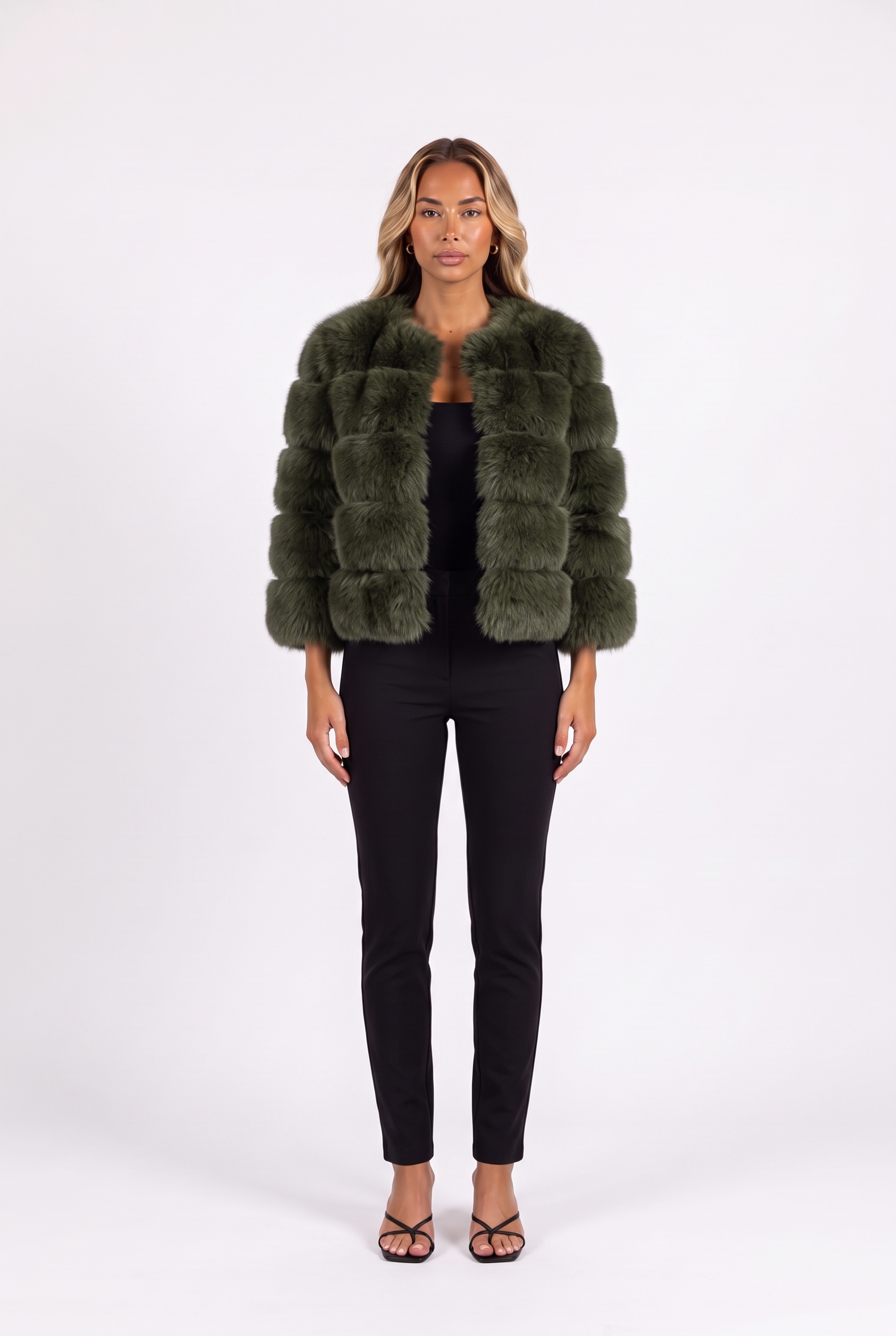 Army green cropped faux fur jacket with three-quarter sleeves — front