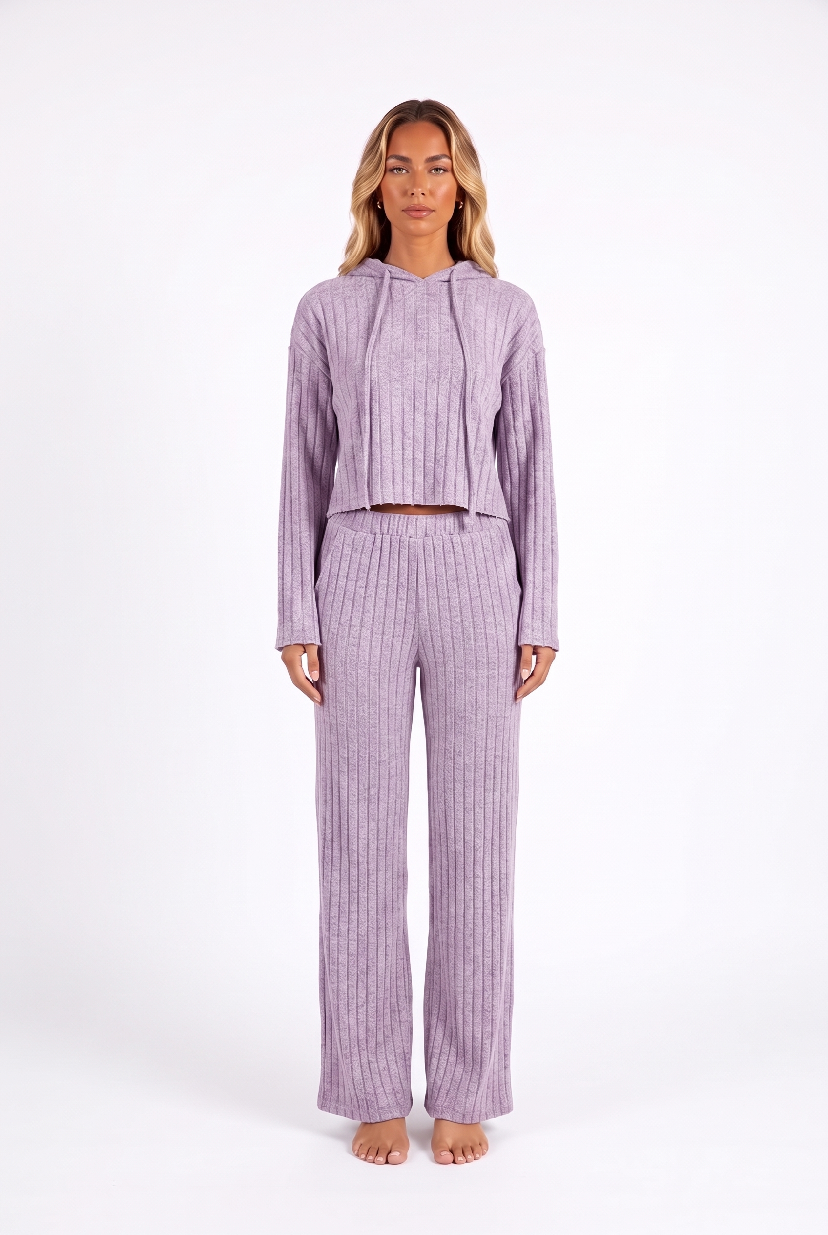 Cropped hoodie and wide-leg trouser set in Purple — front