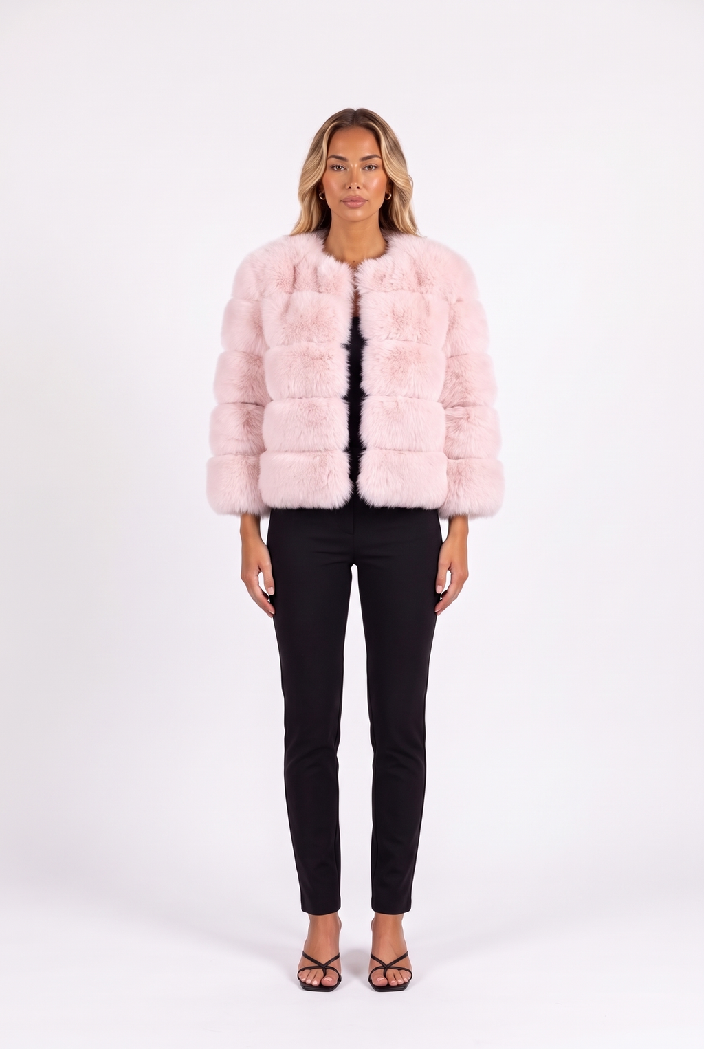 Light Pink cropped faux fur jacket with three-quarter sleeves — front