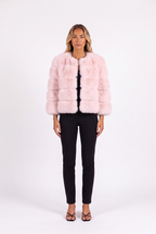 Light Pink cropped faux fur jacket with three-quarter sleeves — front