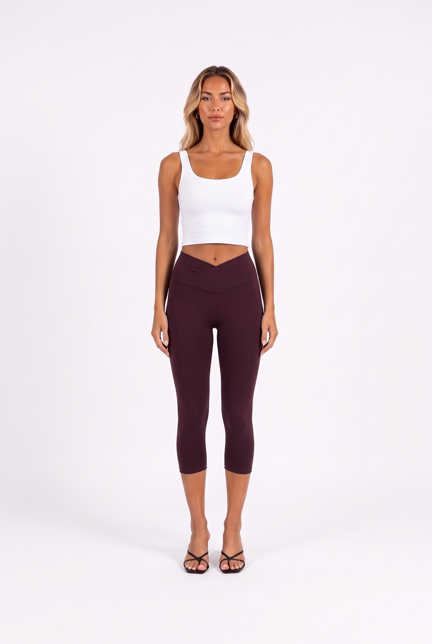 Crossover High-Waist Capri Leggings in Burgundy — front