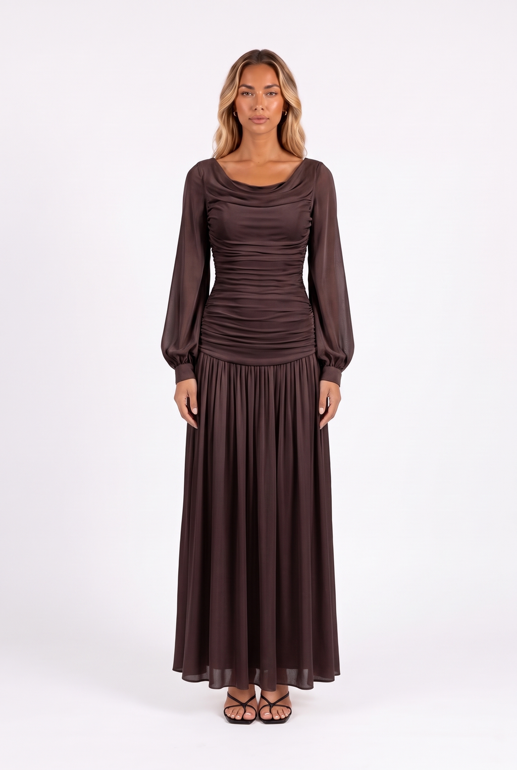 Draped cowl-neck bishop-sleeve maxi dress in Brown — front