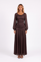 Draped cowl-neck bishop-sleeve maxi dress in Brown — front
