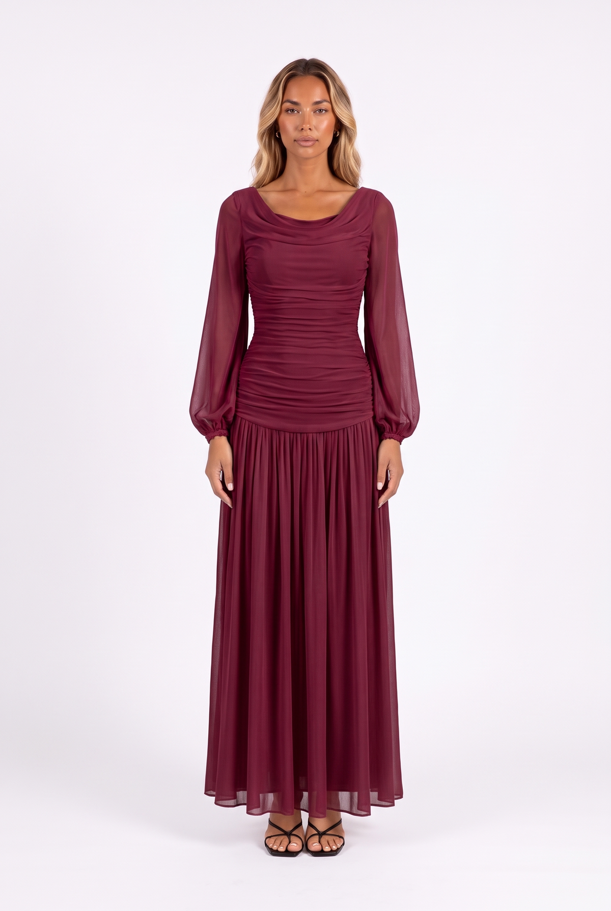 Draped cowl-neck bishop-sleeve maxi dress in Wine Red — front