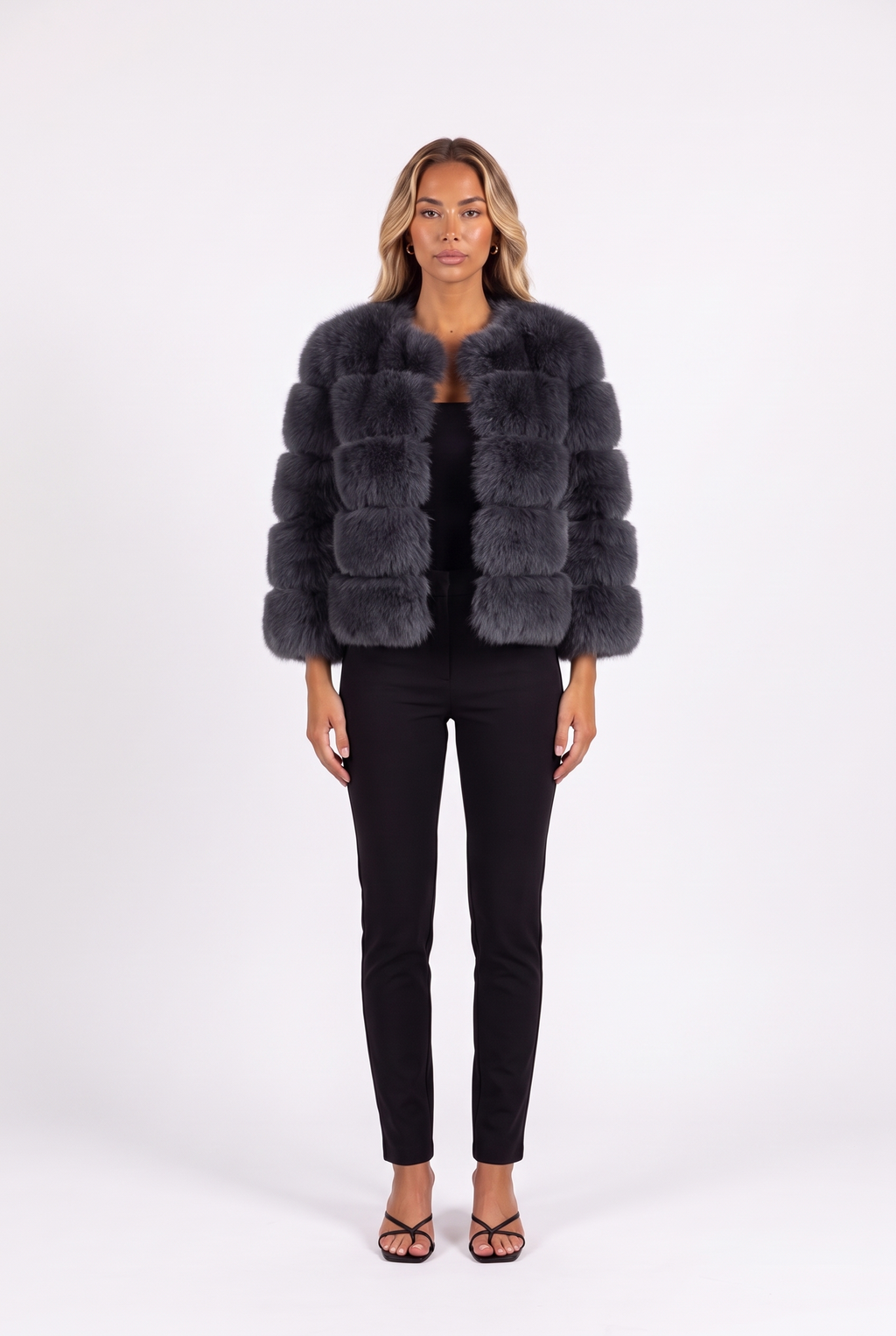 Dark grey cropped faux fur jacket with three-quarter sleeves — front