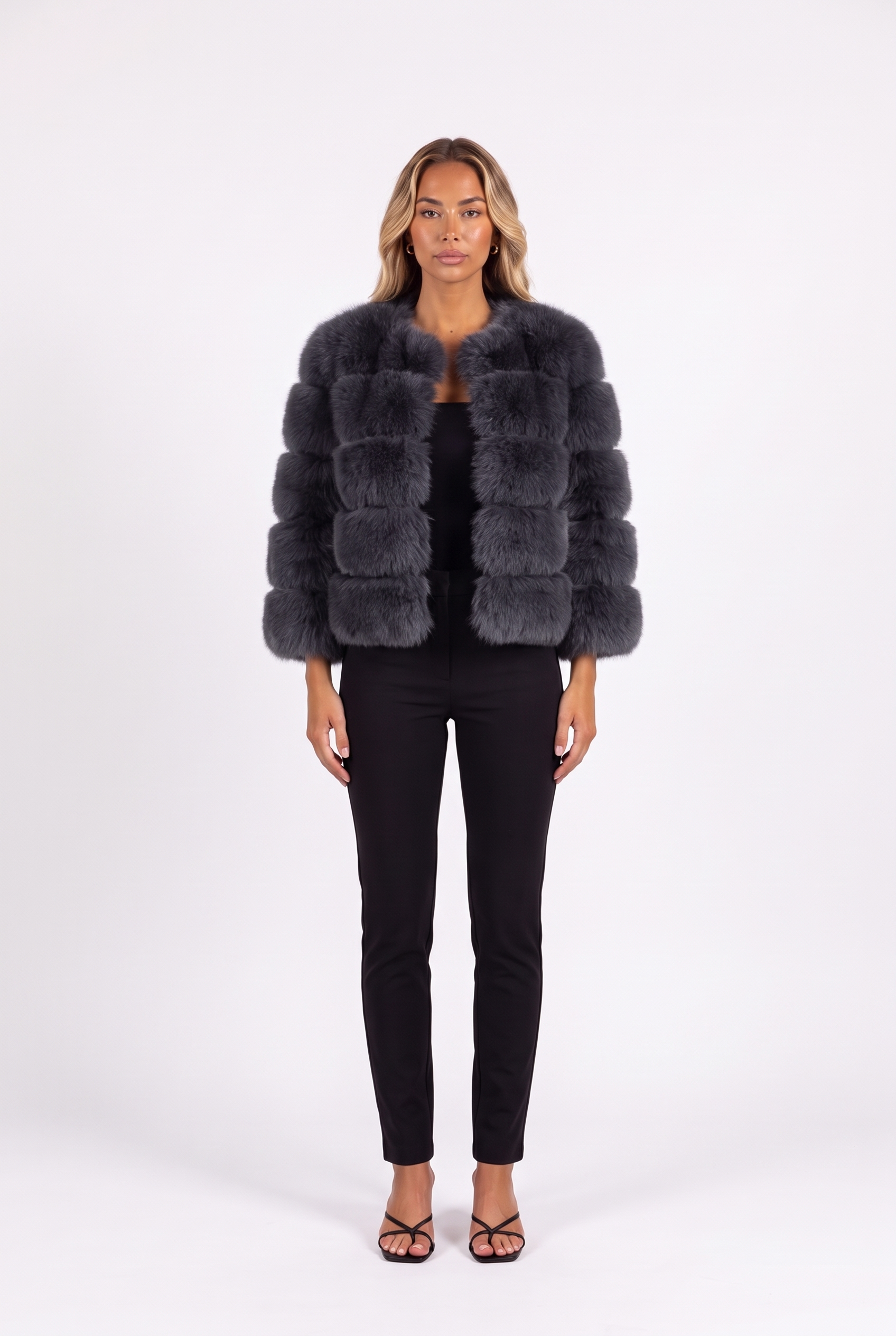 Dark grey cropped faux fur jacket with three-quarter sleeves — front