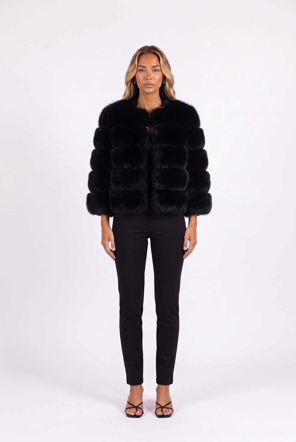 Black cropped faux fur jacket with three-quarter sleeves — front