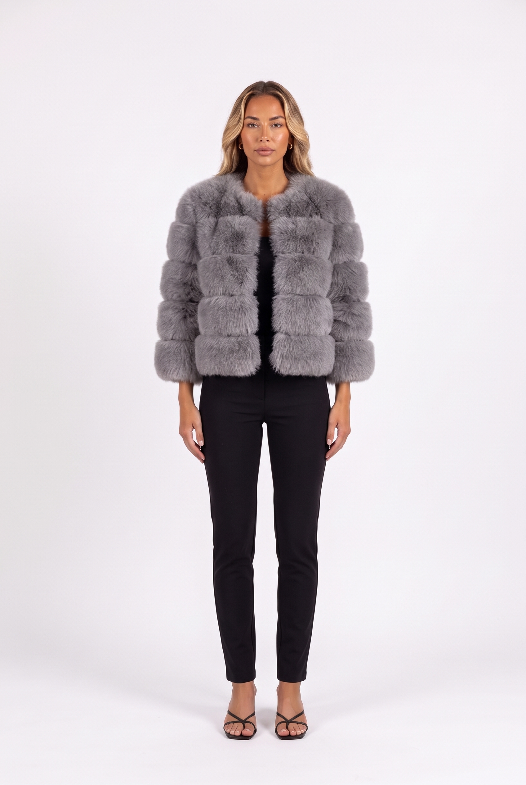 Grey cropped faux fur jacket with three-quarter sleeves — front