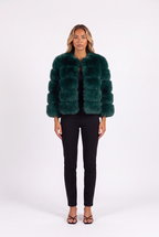 Dark Green cropped faux fur jacket with three-quarter sleeves — front