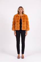 Deep Apricot cropped faux fur jacket with three-quarter sleeves — front