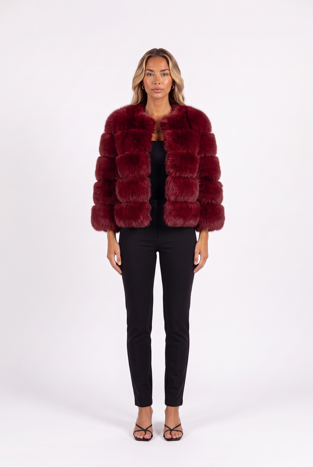 Wine red cropped faux fur jacket with three-quarter sleeves — front