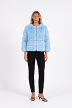 Light blue cropped faux fur jacket with three-quarter sleeves — front