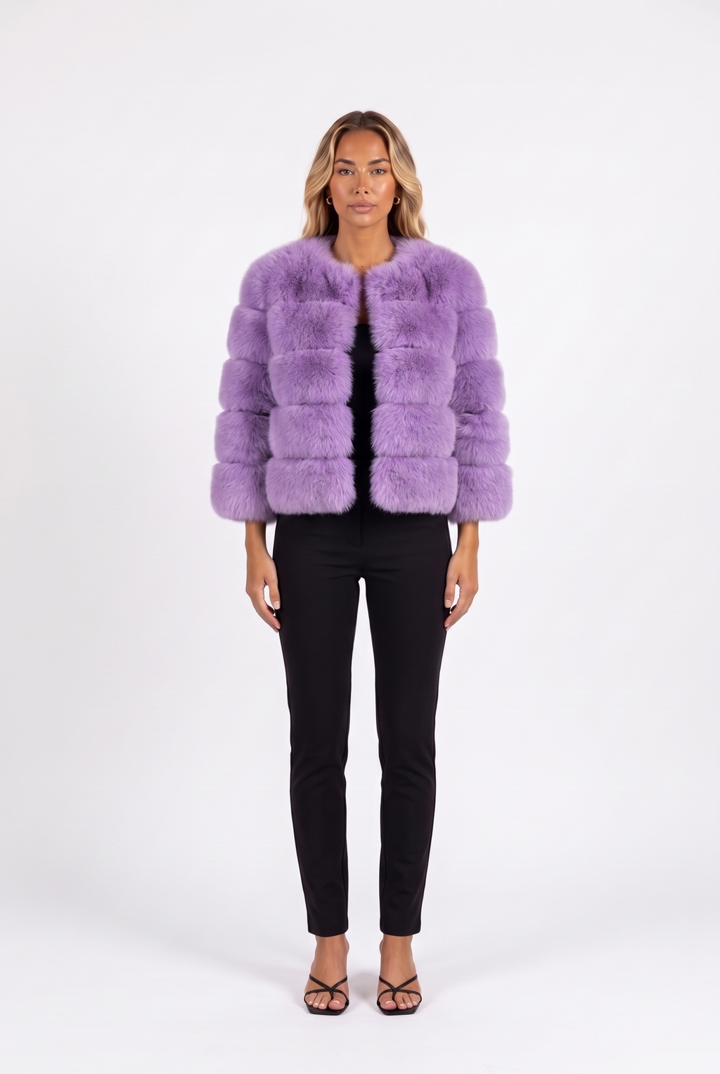 Purple cropped faux fur jacket with three-quarter sleeves — front