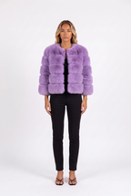 Purple cropped faux fur jacket with three-quarter sleeves — front