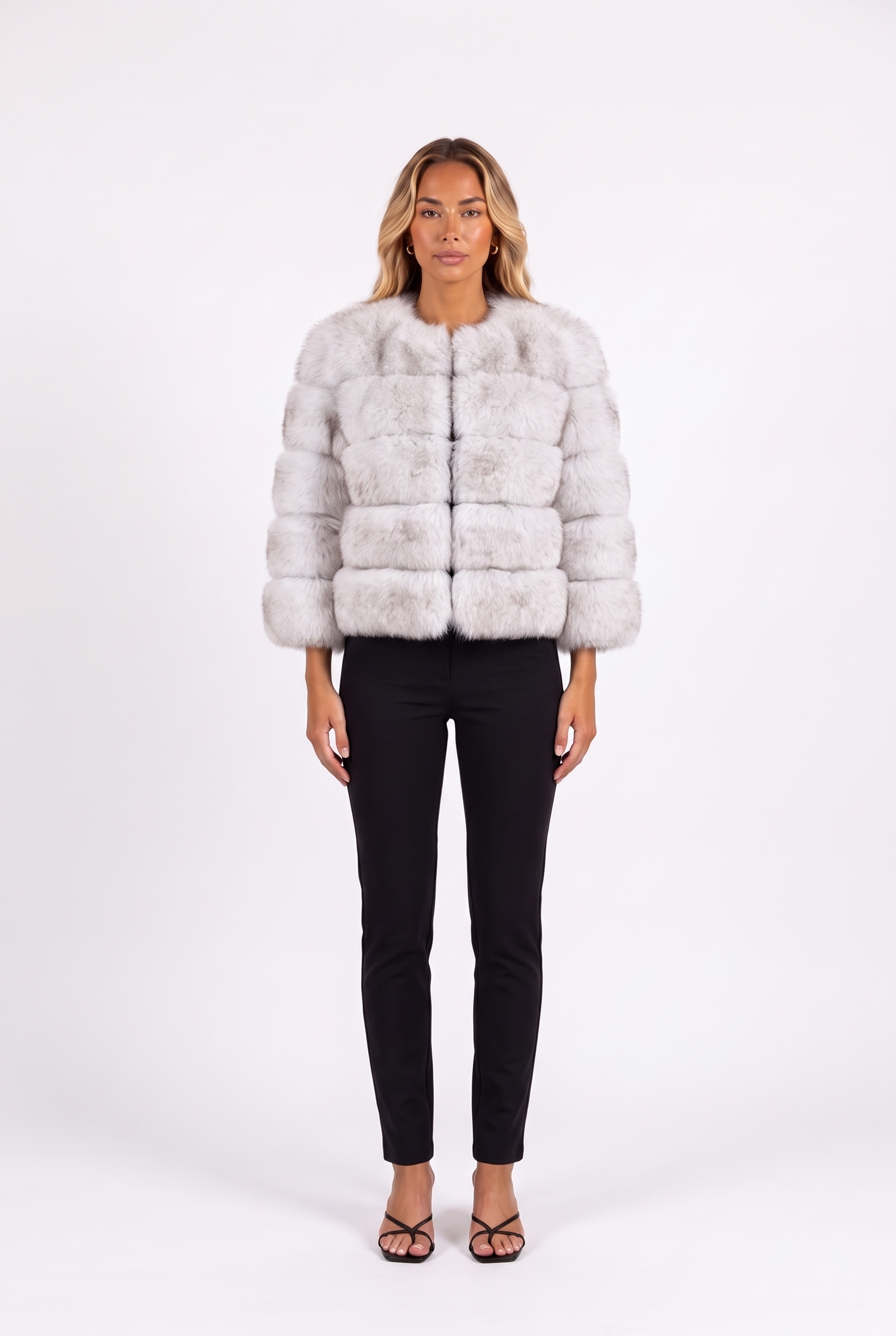 Fox colour with tip cropped faux fur jacket with three-quarter sleeves — front