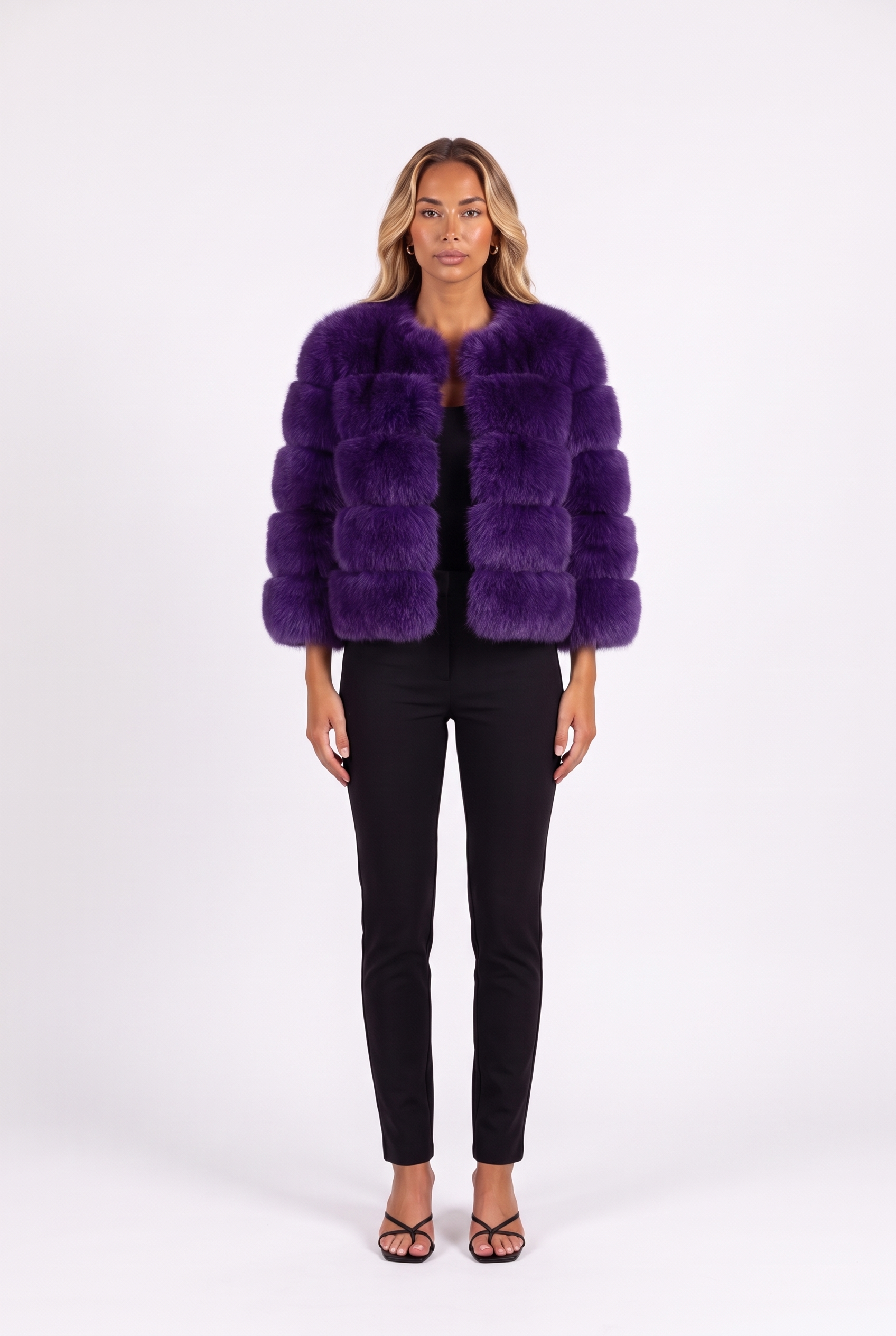 Deep Purple cropped faux fur jacket with three-quarter sleeves — front